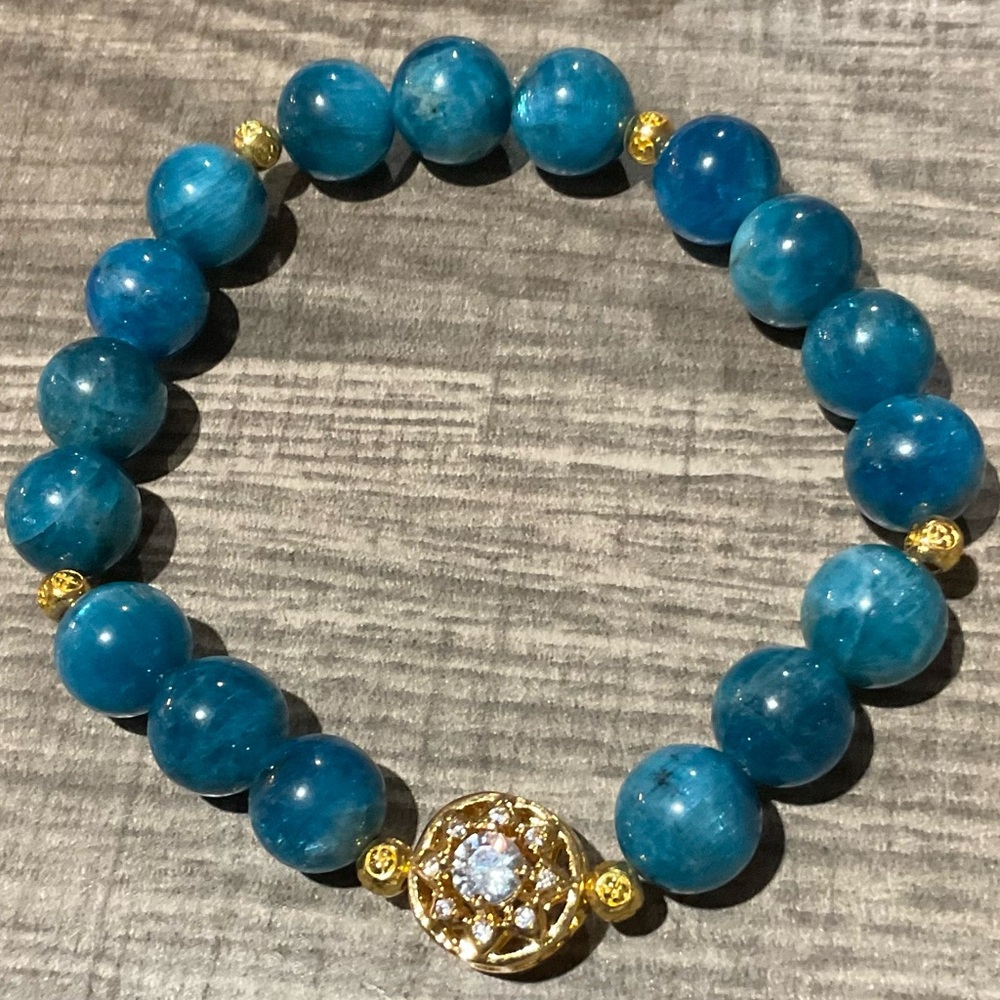 Blue Apatite Hand Crafted Crystal Bracelet with Gold Accents